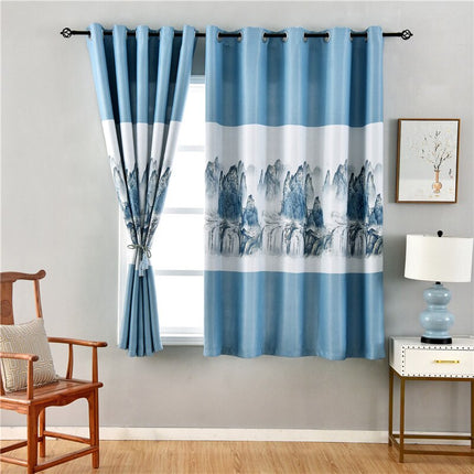 Grijs gordijn met landschap waterval print