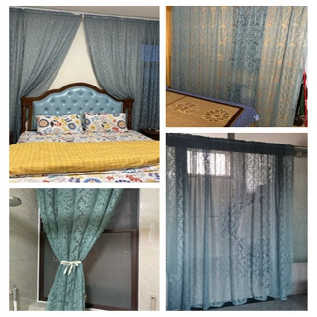 Blauwe kanten vitrage in barokstijl