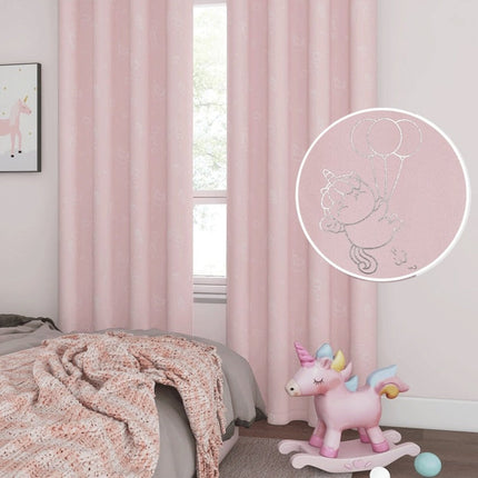 Roze kindergordijn met zilveren eenhoorns