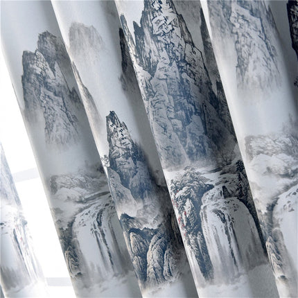 Grijs gordijn met landschap waterval print