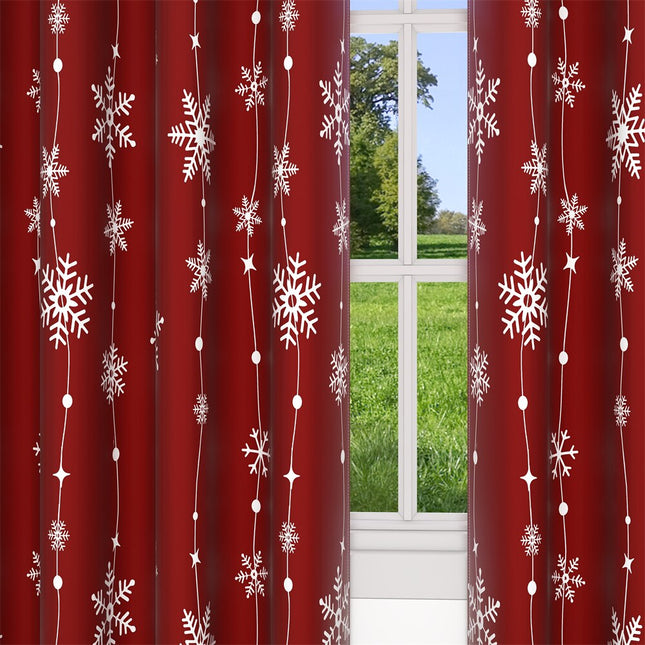 Rood kerstgordijn met witte sneeuwvlokken