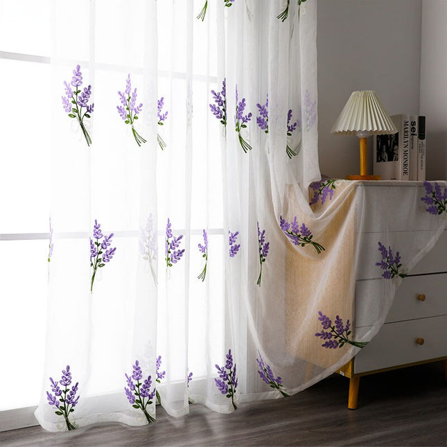 Vitrage gordijn met geborduurde lavendel