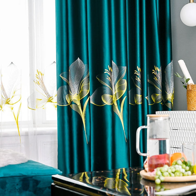 Petrol verduisteringsgordijn met bloemen borduursel