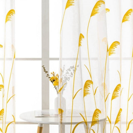 Vitrage met geborduurde gele rietpluimen