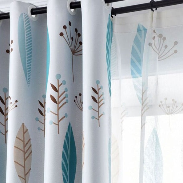 Blauw vitrage gordijn met bloemenmotief