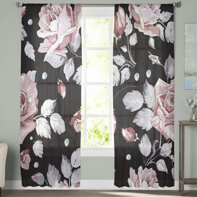 Vitrage gordijn met grote rozenprint