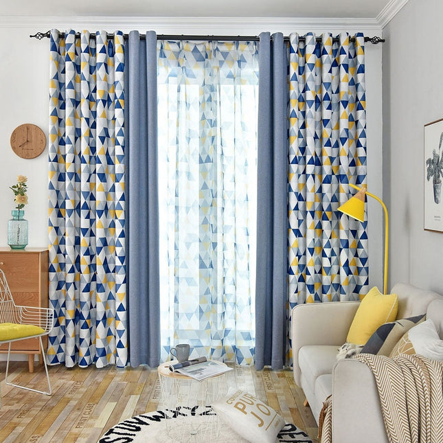 Vitrage met blauw geel geometrisch patroon