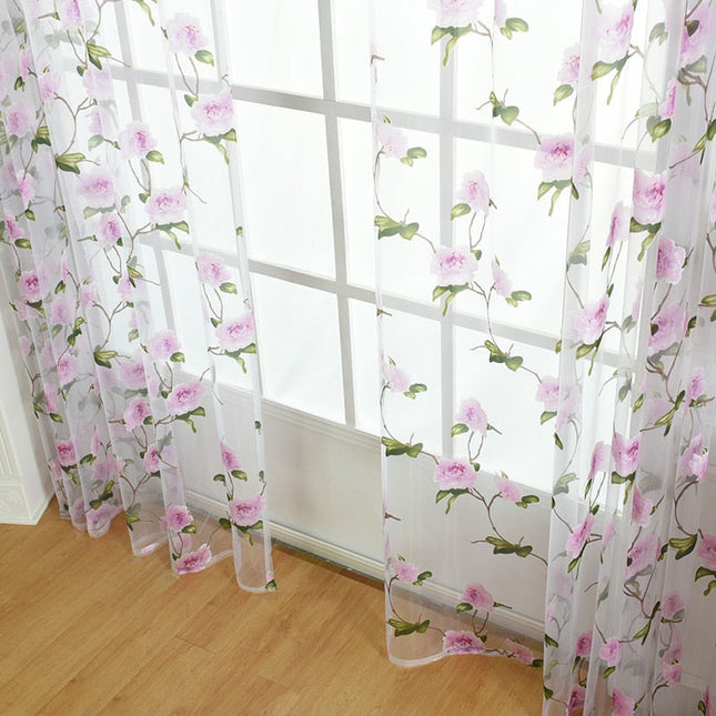 Vitrage met roze bloemen en bladeren
