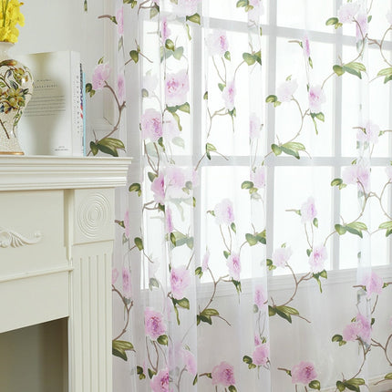 Vitrage met roze bloemen en bladeren