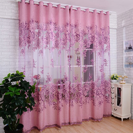 Vitrage gordijn met roze bloemenpatroon