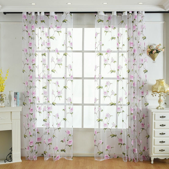 Vitrage met roze bloemen en bladeren