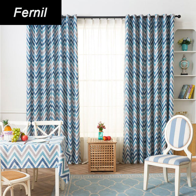 Blauw verduisteringsgordijn met modern zigzagpatroon