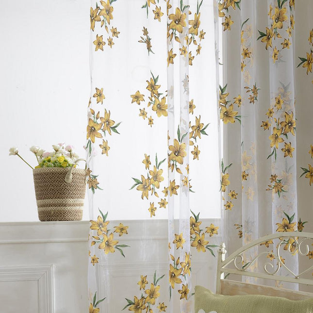Vitrage gordijn met geborduurde bloemen
