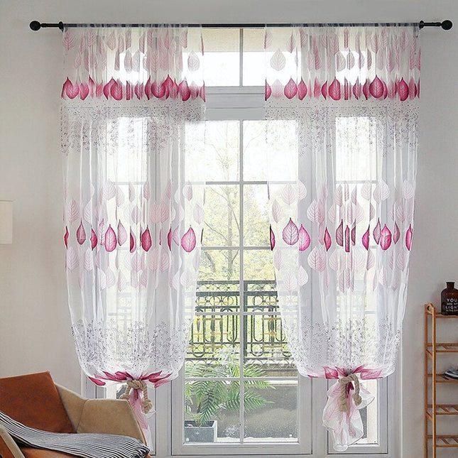 Vitrage met paars roze bladmotief