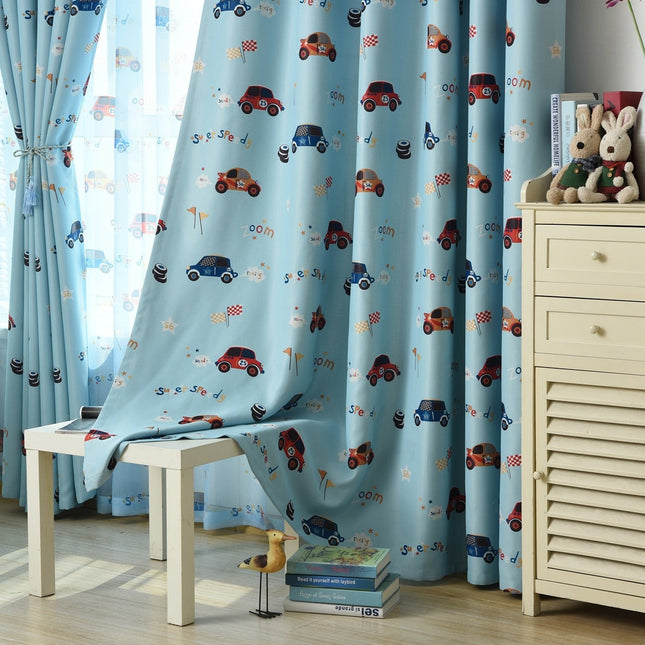Blauw kinderkamer verduisteringsgordijn met auto's