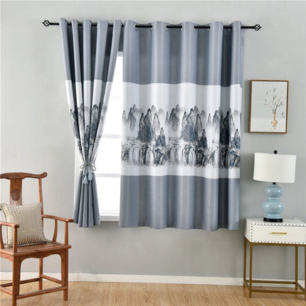 Grijs gordijn met landschap waterval print