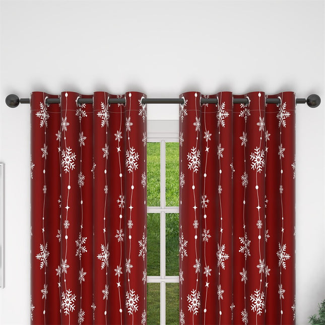 Rood kerstgordijn met witte sneeuwvlokken