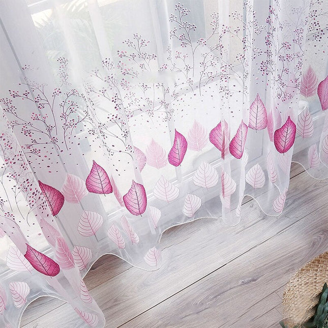 Vitrage met paars roze bladmotief