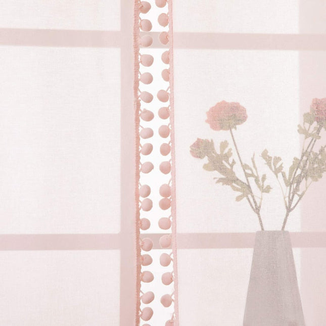 Witte vitrage met pompon randafwerking