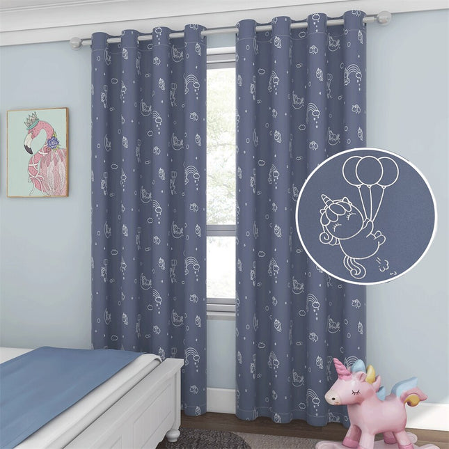 Blauw kindergordijn met eenhoorn patroon