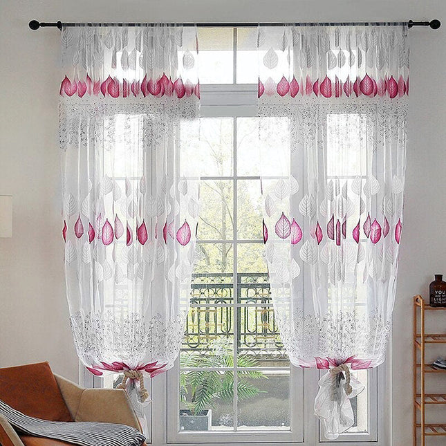 Vitrage met paarse en grijze bladeren