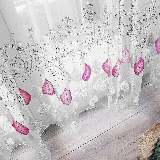 Vitrage met paarse en grijze bladeren