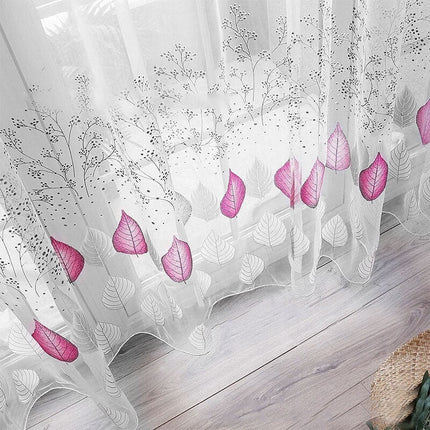 Vitrage met paarse en grijze bladeren