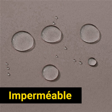 Taupe waterdicht terrasgordijn met ringen.
