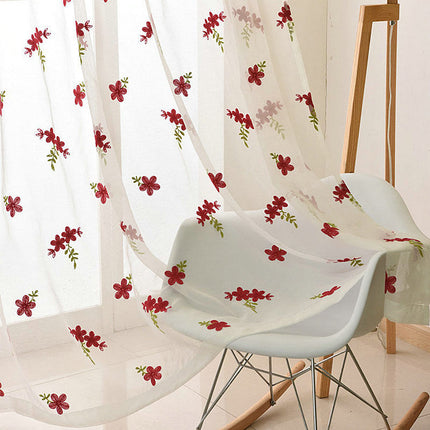 Vitrage met geborduurde rode bloemen