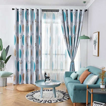 Blauw vitrage gordijn met bloemenmotief