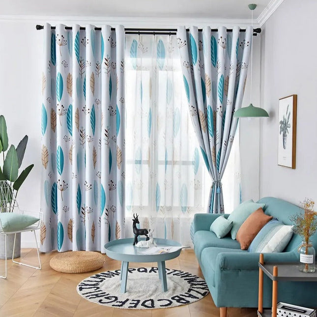 Blauw vitrage gordijn met bloemenmotief