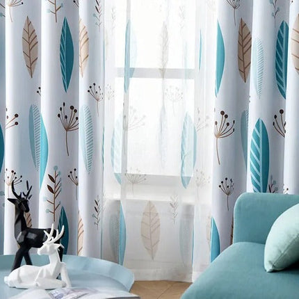 Blauw vitrage gordijn met bloemenmotief