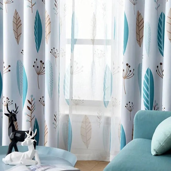 Blauw vitrage gordijn met bloemenmotief