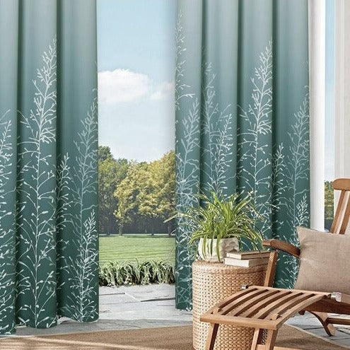 Groen buitengordijn met verloop voor terras.