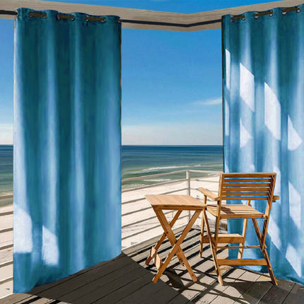 Blauw tuingordijn voor tuinhuis