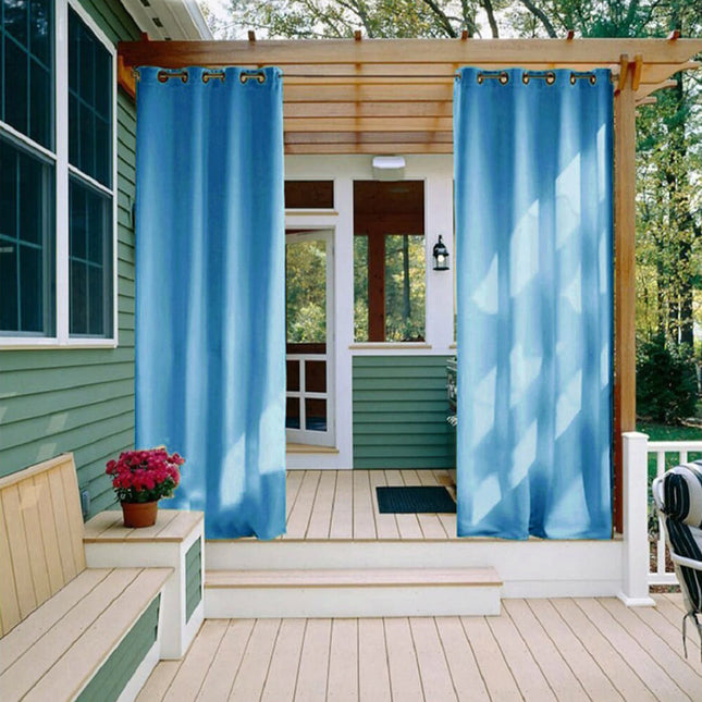 Blauw tuingordijn voor tuinhuis