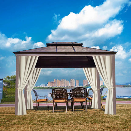 Beige buitengordijn voor veranda met ringen