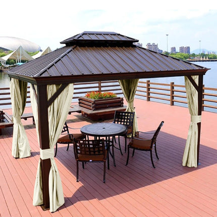 Beige buitengordijn voor veranda met ringen