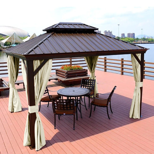 Beige buitengordijn voor veranda met ringen