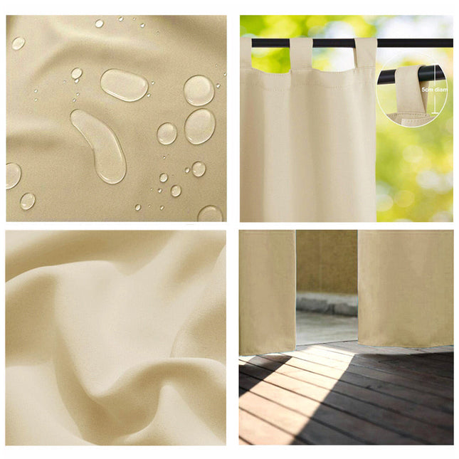 Beige buitengordijn met tunnel voor roede